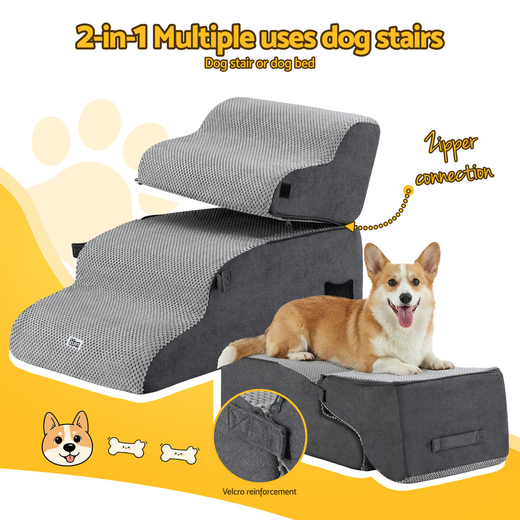 i.Pet 2-in-1 Dog Stairs & Bed – Grey