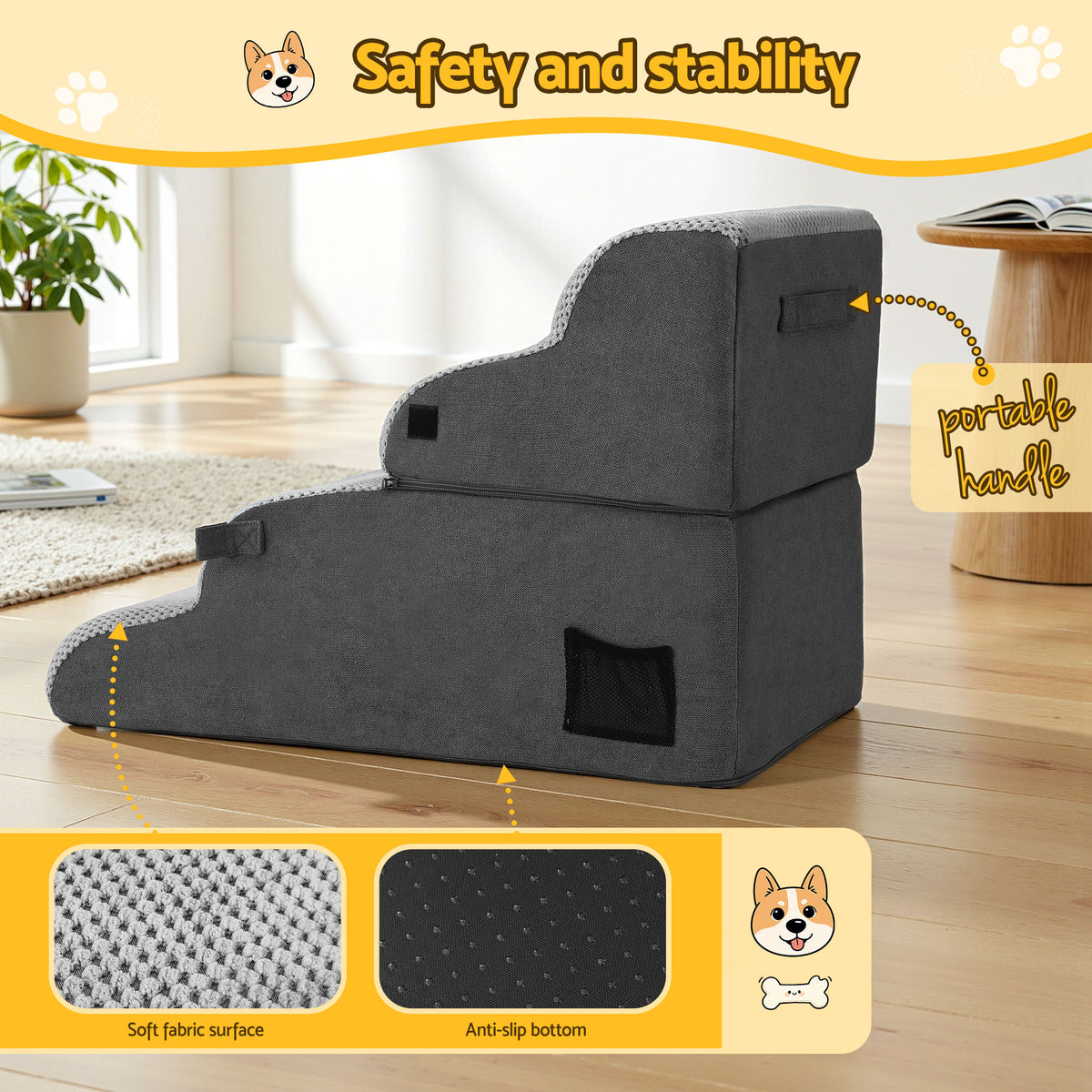 i.Pet 2-in-1 Dog Stairs & Bed – Grey