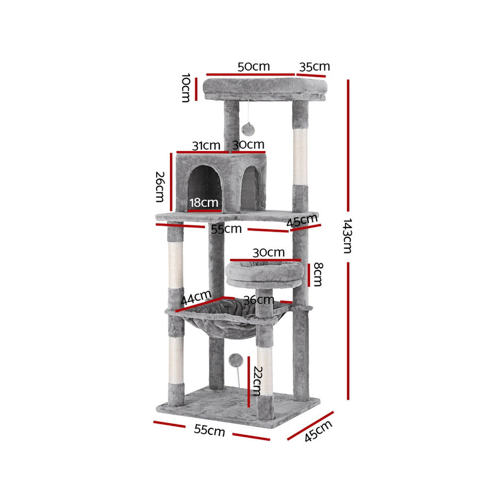 i.Pet 143cm Cat Tree & Scratching Tower – Grey