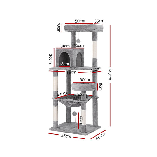 i.Pet 143cm Cat Tree & Scratching Tower – Grey