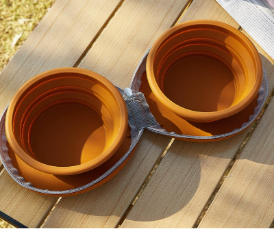 Portable Collapsible Double Pet Bowls – Brown